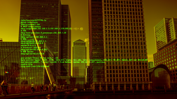 London docklands Zeitraffer mit Daten und Programmierinformationen, die auf jedes Gebäude aufgezeichnet werden - Filmmaterial, Video