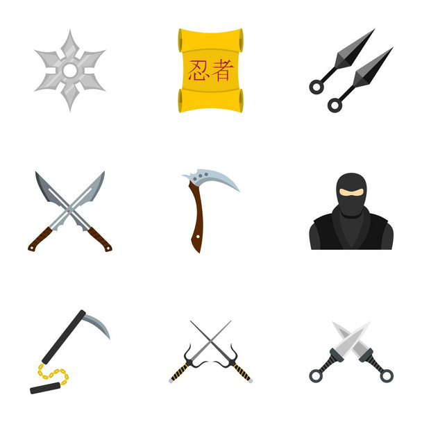 Ninja equipment icons set, flat style - Vetor, Imagem