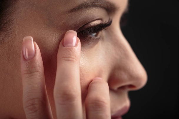 Closeup macro photo of woman's eyes with long lashes and natural makeup - Фото, зображення