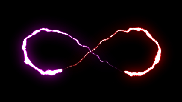 loopable RED PURPLE neon Lightning bolt infinity symbol shape flight on black background animation new quality unique nature light effect video footage - Footage, Video