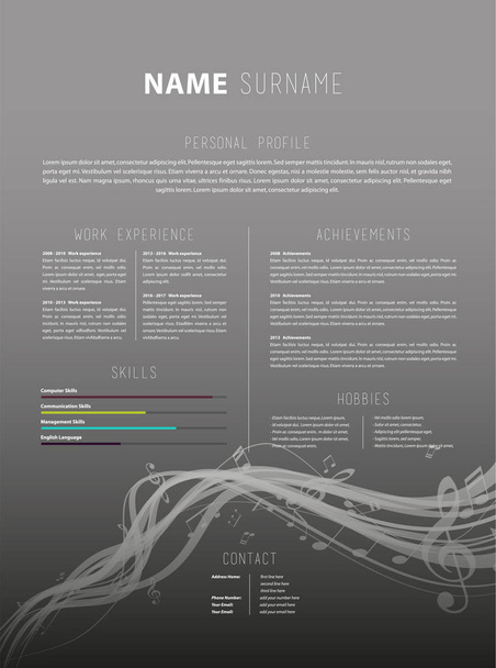 Creative simple CV template with colorful music tunes and lines. - Vector, Image