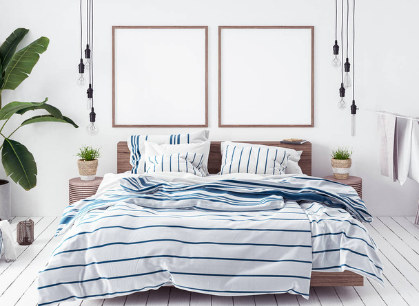 Modello di poster nella nuova camera da letto scandinava, rendering 3d
 - Foto, immagini