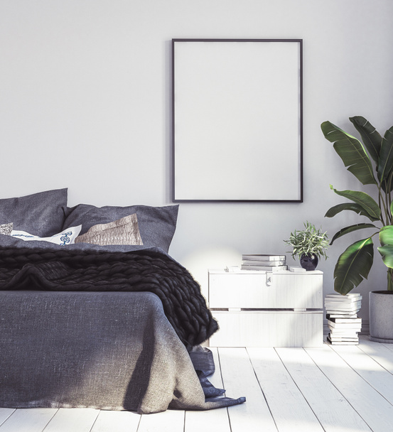 Posters mock-up in new Scandinavian bedroom, 3d render - Photo, Image