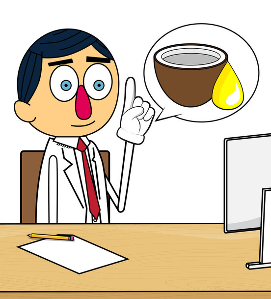 Doctor explicando el aceite de coco. Personaje de dibujos animados vectorial, ilustración de salud
. - Vector, Imagen
