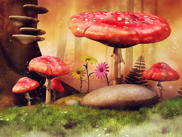 Rote Pilze und bunte Blumen auf einer blühenden Wiese mit Bäumen und Steinen. 3D-Darstellung.  - Foto, Bild