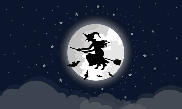 Hexen reiten auf dem Besen durch den großen Mond, die Wolken sind unten in der Nacht mit einem Stern voller blauer Halloween-Feiertage - Vektor, Bild