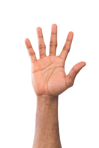 Czarny męski palmy podejmowania stop lub protest znak, na białym tle - Zdjęcie, obraz