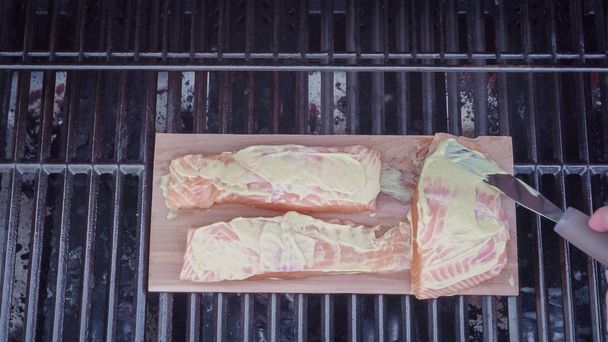 Step by step. Grilled salmon on plank in dijon mustard. - Photo, Image