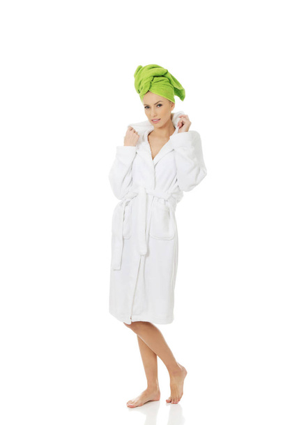 Spa woman in bathrobe and turban. - Zdjęcie, obraz