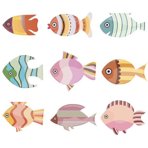 bunte Fische setzen Vektor-Illustration. Meer oder Ozean Fisch Sammlung isoliert auf weißem Hintergrund. - Foto, Bild