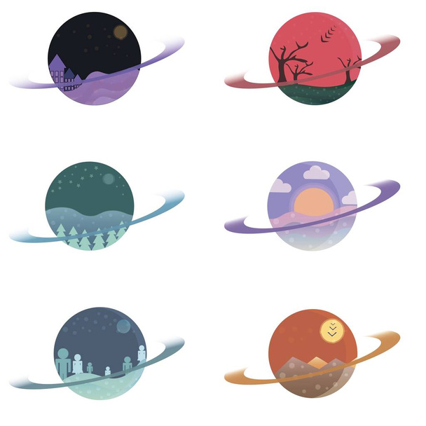 Impostare pianeti vettoriale illustrazione piatta. Concetto di un insieme di pianeti con paesaggi all'interno
 - Foto, immagini