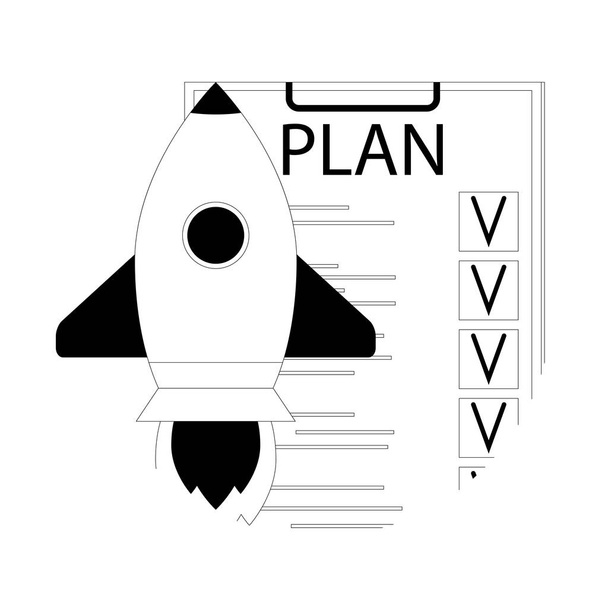 Plan de lista de verificación para el inicio de lanzamiento. Rocket up línea lineal icono. Ilustración vectorial
 - Vector, imagen