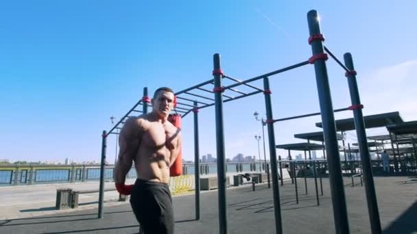 Lihaksikas kehonrakentaja harjoituksissa ulkona mies poseeraa lihaksia harjoittelun aikana
 - Materiaali, video