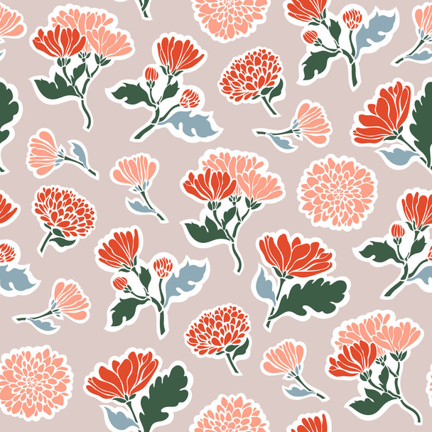 Seamless pattern with flowers and chrysanthemum leaves. Orang color. Vector illustration. - Vektor, kép