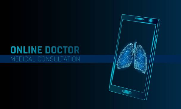 医師オンライン医療アプリ モバイル アプリケーション。デジタル医療医学診断概念のバナーです。人間の肺呼吸器スマート フォン低ポリ幾何学的な革新技術ベクトル図 - ベクター画像
