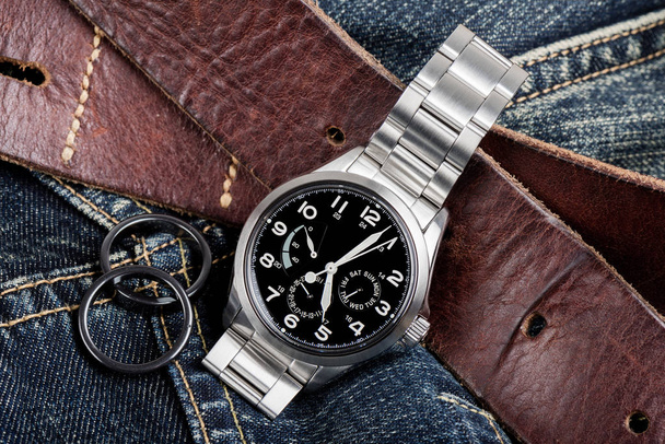 Closeup military or field style wristwatch, luxury automatic wristwatch for men - Photo, Image