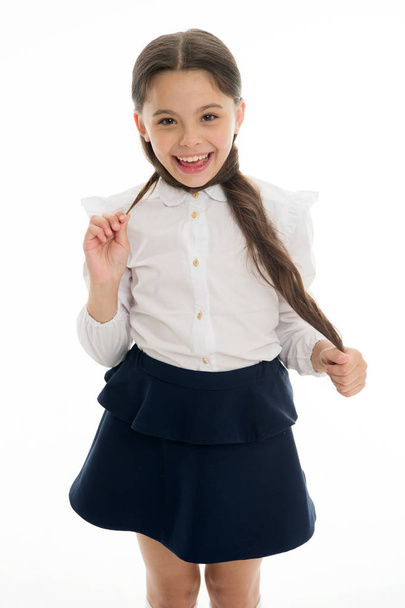 Your hair has been waiting all summer for this moment. Schoolgirl pupil long curly hair. Cute hairstyles back in school. Gorgeous tails perfect for every day week. Hairstyle schoolgirl nice and easy - Foto, imagen