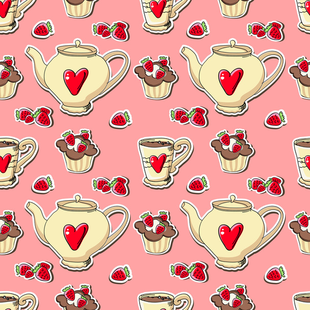 Vector background with cupcakes and teapots. - Vector, Image