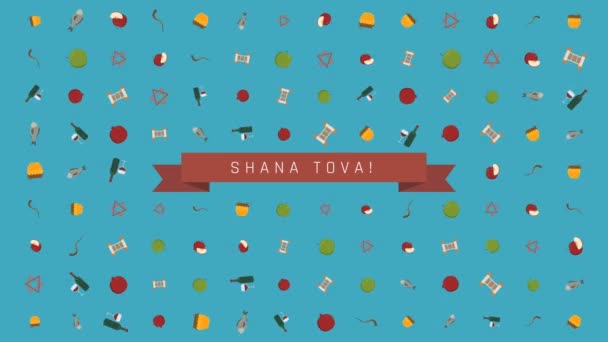 Rosh Hashanah holiday flat design animation background with traditional symbols with text in english "Shana Tova" meaning "Have a good year". loop with alpha channel. - Footage, Video