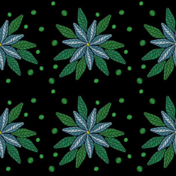 Bordado patrón floral colorido con flores. Adorno tradicional de moda popular vectorial sobre fondo negro
 - Vector, Imagen