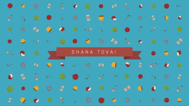rosh hashanah holiday flat design animation hintergrund mit traditionellen symbolen mit text in englisch "shana tova" bedeutet "haben ein gutes jahr". Schleife mit Alphakanal. - Filmmaterial, Video