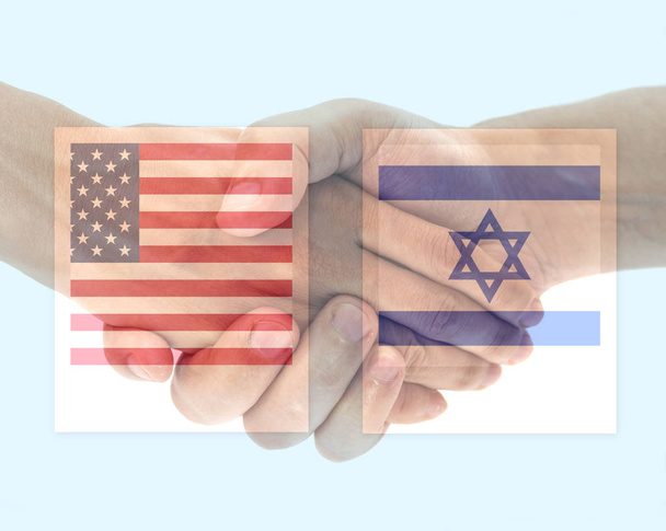 Drapeau États-Unis et Israël avec poignée de main sur bleu
 - Photo, image
