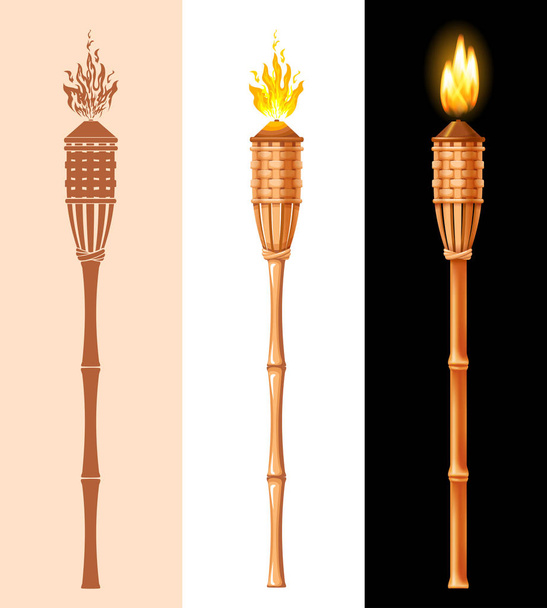 Tiki torch set. Burning beach bamboo torch in different styles, graphic, cartoon and realistic 3D. Vector illustration. Isolated on white background. - Vector, Image