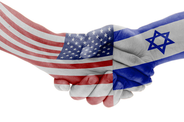 Flags of USA and Israel countries with handshake isolated on white - Photo, image