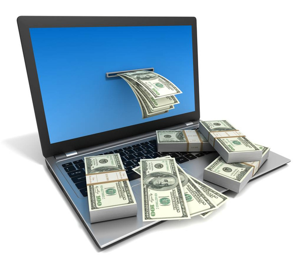 laptop and money bills 3d illustration isolated on white background - Fotó, kép