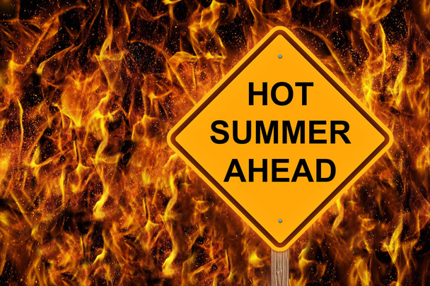 Hot Summer Ahead Caution Sign With Flaming Background - Photo, Image
