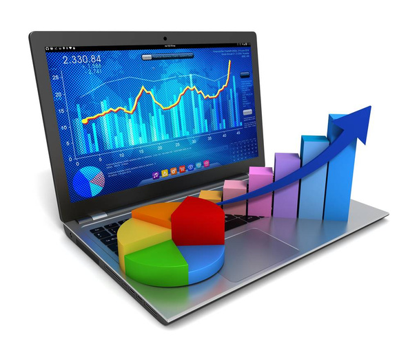portátil y negocio gráfico gráfico gráfico de finanzas 3d ilustración
 - Foto, Imagen