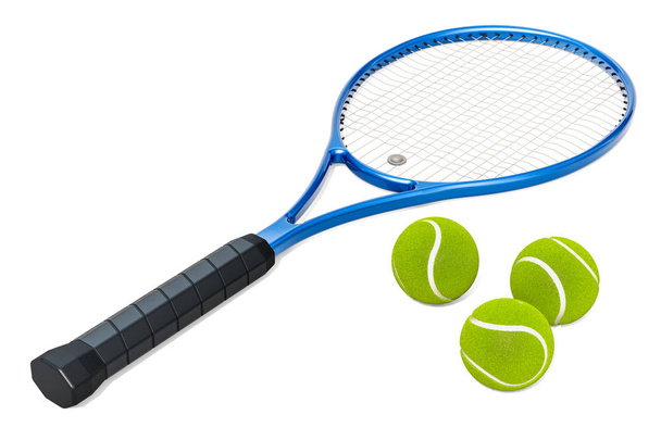 Tennis racket and balls, 3D rendering isolated on white background - Foto, imagen