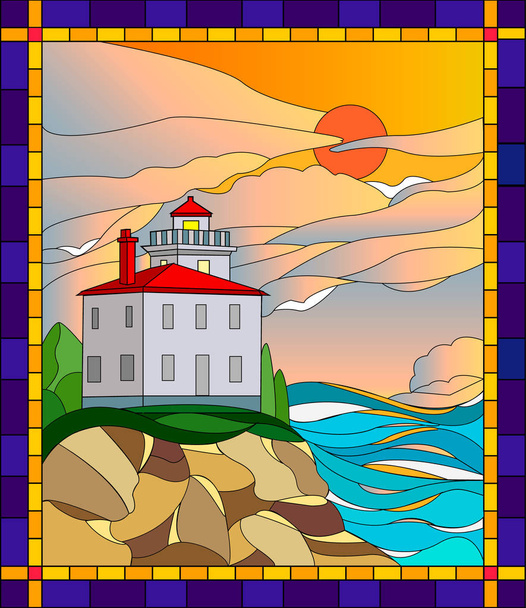 Ilustração em farol estilo vitral. Mar, farol e sol nascente em estilo vitral
 - Vetor, Imagem
