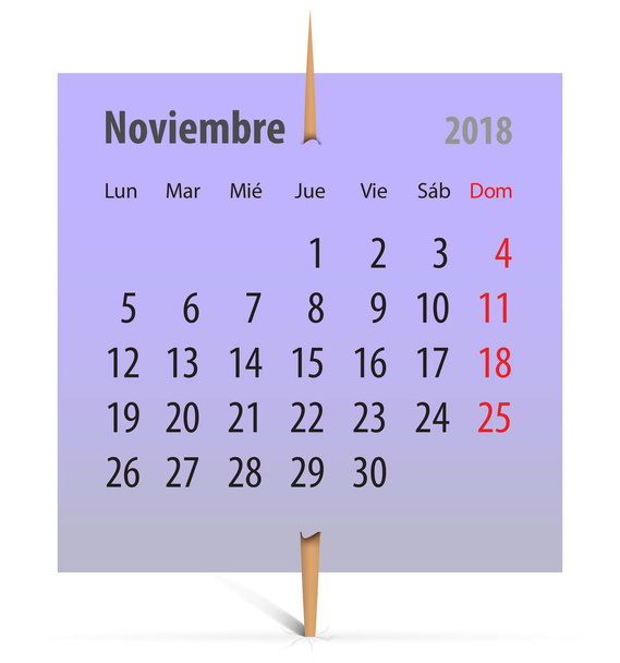 Calendar for November 2018 on a violet sticker attached with toothpick. Vector illustration - Vector, Image
