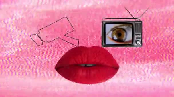una cara de robot hecha de 2 televisores con ojos jugando en la pantalla y hermosos labios rojos - Metraje, vídeo