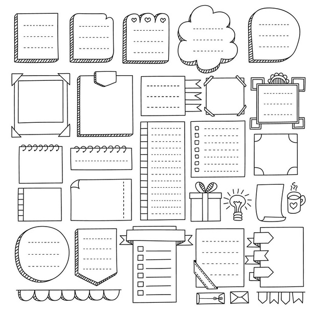 Bullet journal hand drawn vector elements for notebook, diary and planner. Doodle banners isolated on white background. Notes, list, frames, dividers, ribbons. - Vector, Image
