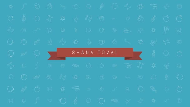 Ros hásáná holiday flat design animáció háttér a hagyományos szerkezeti ikon szimbólumok a szöveg angol "Shana Tova" jelentése "van egy jó év". az alfa-csatornát hurok. - Felvétel, videó