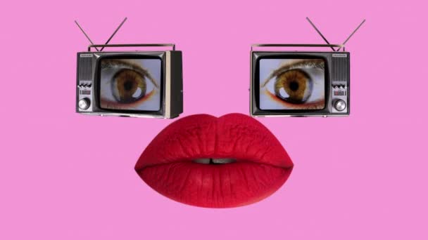 ένα πρόσωπο ρομπότ φτιαγμένο από δύο τηλεοράσεις με τα μάτια παίζει στην οθόνη και όμορφη κόκκινα χείλη - Πλάνα, βίντεο