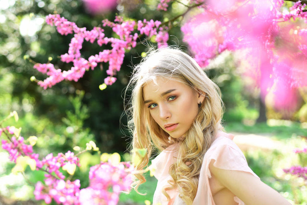 Όμορφο κορίτσι στέκεται κάτω από ήπια δέντρο με μικροσκοπικά καυτό ροζ άνθος. Κομψό νεαρή κοπέλα με μακριά, ξανθά, κατσαρά μαλλιά και μπλε μάτια, θέτοντας σε καταπράσινο κήπο, γοητεία της άνοιξης - Φωτογραφία, εικόνα