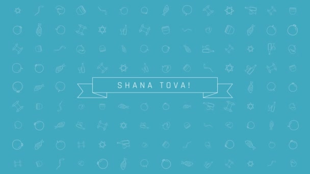 Rosh Hashanah tatil düz animasyon arka plan ile geleneksel anahat simgesini simgeleri ile metin İngilizce "Shana Tova" anlam "iyi bir yıl var" tasarım. Alfa kanalı ile döngü. - Video, Çekim