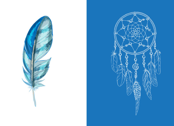 Set of design and decor elements. Detailed colored feather close up isolated on white background. Hand drawn ornate ethnic dream catcher on a blue background. Vector illustration - Vecteur, image