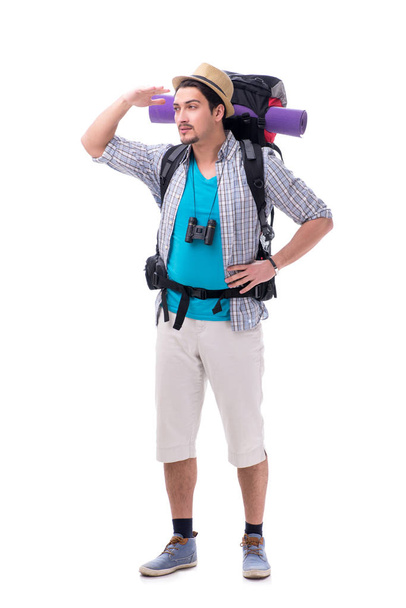 Backpacker met grote rugzak geïsoleerd op wit - Foto, afbeelding