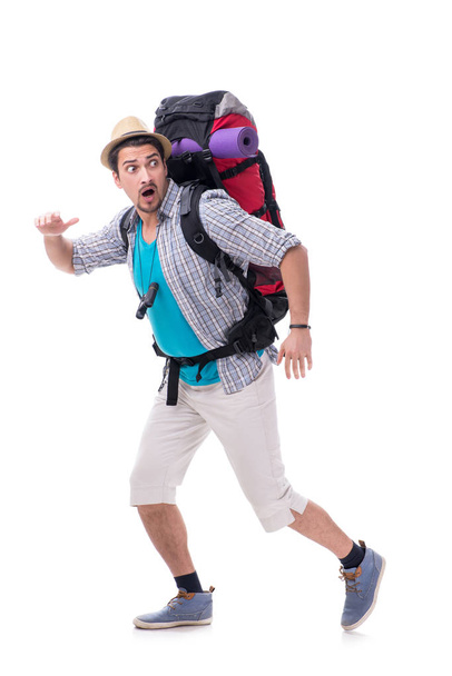 Backpacker with large backpack isolated on white - Photo, Image