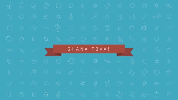 Rosh Hashanah férias design plano animação fundo com símbolos de ícone de contorno tradicionais com texto em inglês "Shana Tova" que significa "Tenha um bom ano". loop com canal alfa
. - Filmagem, Vídeo