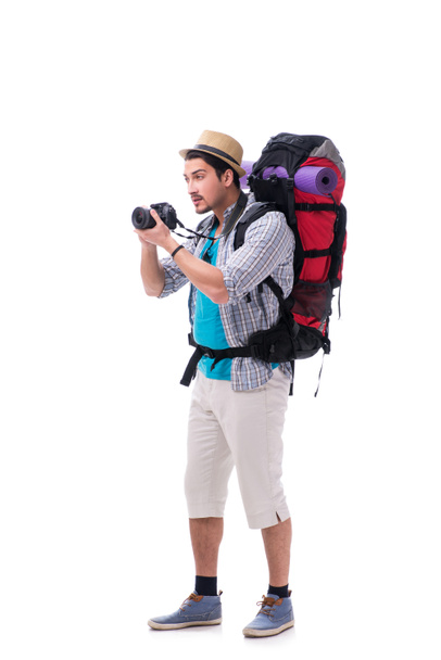 Backpacker con telecamera isolata su sfondo bianco
 - Foto, immagini