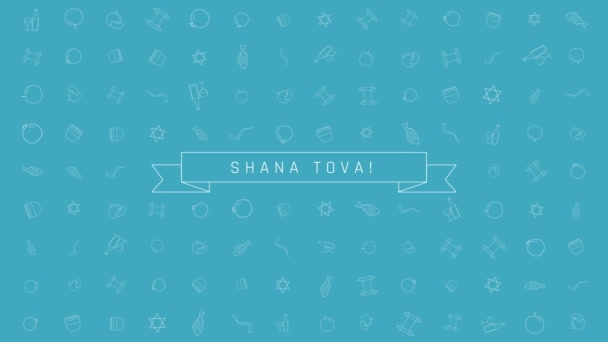 Rosh Hashanah holiday flat design animation background with traditional outline icon symbols with text in english "Shana Tova" meaning "Have a good year". loop with alpha channel. - Footage, Video