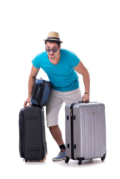 Viajante com muita bagagem isolada no fundo branco
 - Foto, Imagem