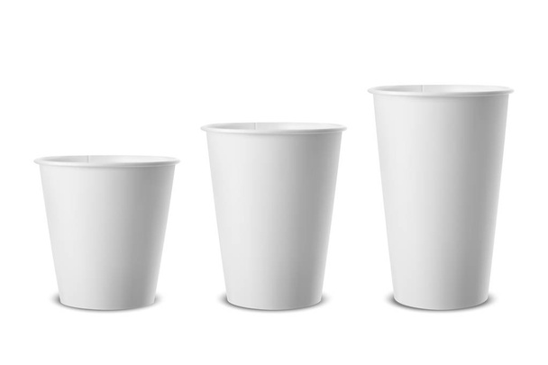 Vector realistic 3d white paper disposable cup icon set closeup isolated on white background. Different size - small, medium and large. Design template for graphics, mockup. Front view - Διάνυσμα, εικόνα