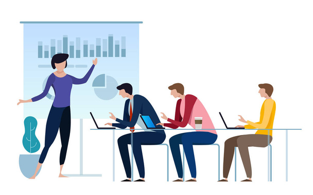 Corporate business manager explaining quarter report data to directors board. Financial results presentation standing in front of projecting screen. Flat style vector illustration. - Vector, Image