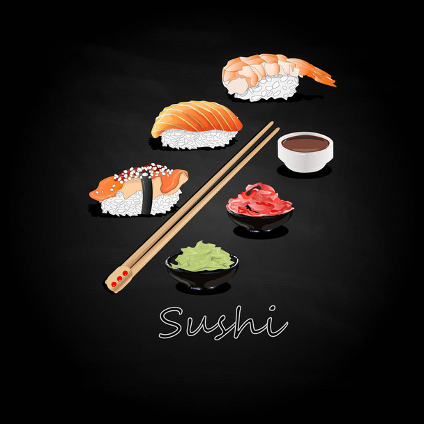 Nigiri Sushi ilustracja na ciemnym tle na białym tle.  - Wektor, obraz